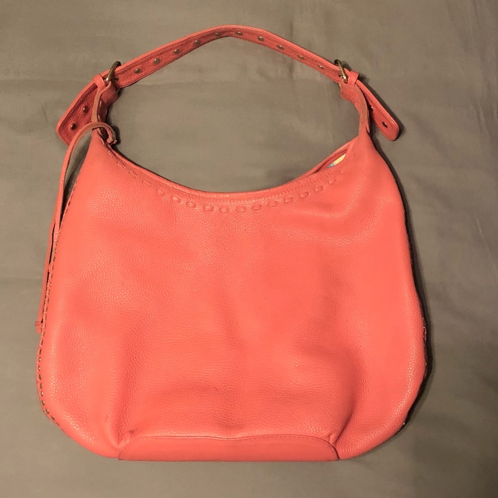 BEAUTIFUL FATTO A MANO BY CARLOS FALCHI LARGE CORAL PEBBLE LEATHER STUDDED HOBO